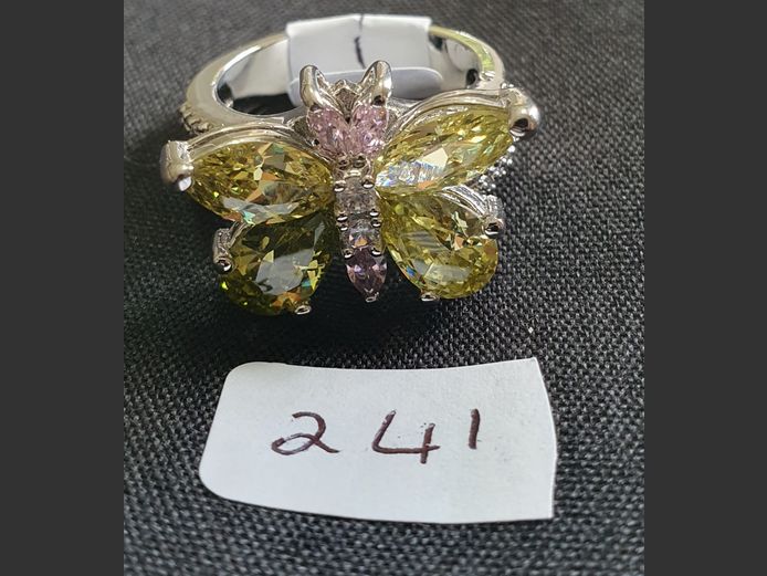 SILVER PLATE DRESS RING "BUTTERFLY" WITH YELLOW, PINK & CLEAR STONES