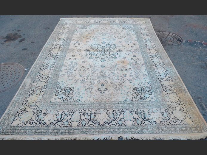 PINK & GREEN PERSIAN CARPET, 310 x 215cm [Worn, Colours running]