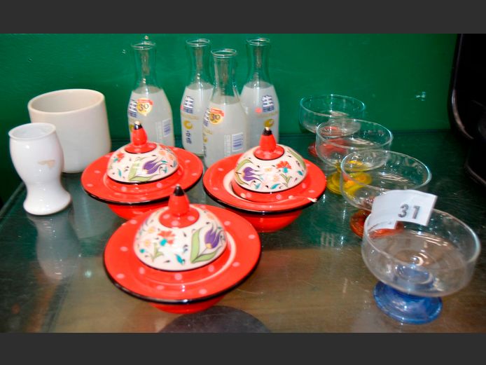 CHINESE SUGAR BOWLS, GLASS CARAFES, GLASS DESSERT BOWLS, etc