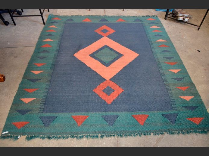GREEN & BLUE WOOL CARPET, 200 x 181cm