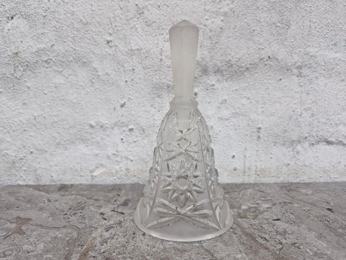Vintage Bohemian Cut Crystal Glass Table Bell with Frosted Handle & Starburst Motif