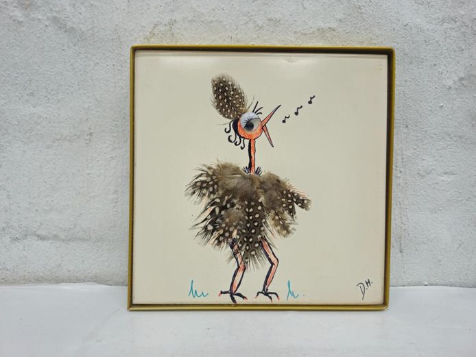 Framed Birds with "Attitude" Mixed Media Feather Ceramic Tile Artwork