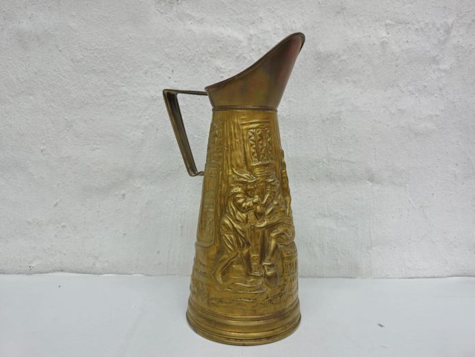 Vintage Embossed Brass Tavern Scene Pitcher Jug