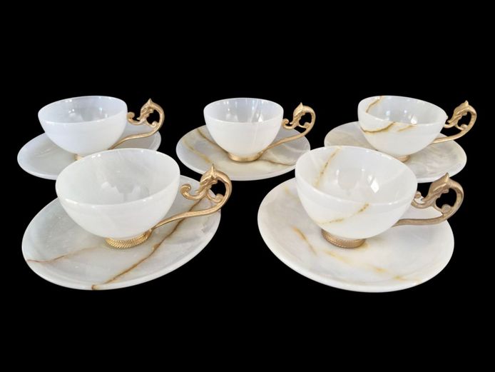 Vintage Onyx & Brass Tea Cups & Saucers