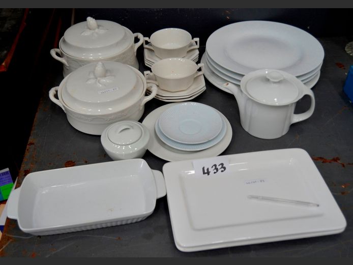 WHITE CERAMIC CASSEROLES WITH LIDS, PLATTERS, TEAPOT, etc