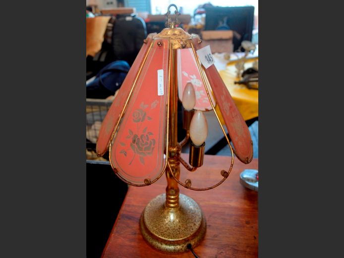 BRASS TABLE LAMP WITH GLASS SHADE, 55cm [ 1 Glass panel needed, brass coating rusted]