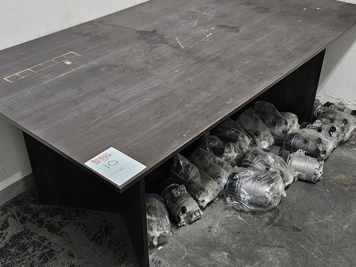 VARIOUS RECON COMPRESSORS IN PACKAGES, BROWN OFFICE DESK, AIR TESTING UNIT (NOT WORKING), BROWN DESK, CAHRCOAL AND UPS'S