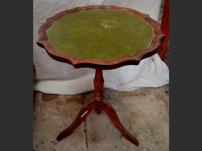 MAHOGANY GREEN LEATHER INLAID CIRCULAR SIDE TABLE, 46cm Diameter x 63cm High [Wobbly, needs some attention]