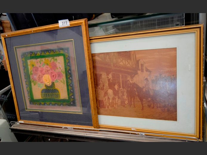 FRAMED VINTAGE PRINT "MEN ON HORSEBACK", 45 x 36cm, & A FRAMED UNUSUAL FABRIC ARTWORK "FLOWERS", 38 x 36cm [4,67]