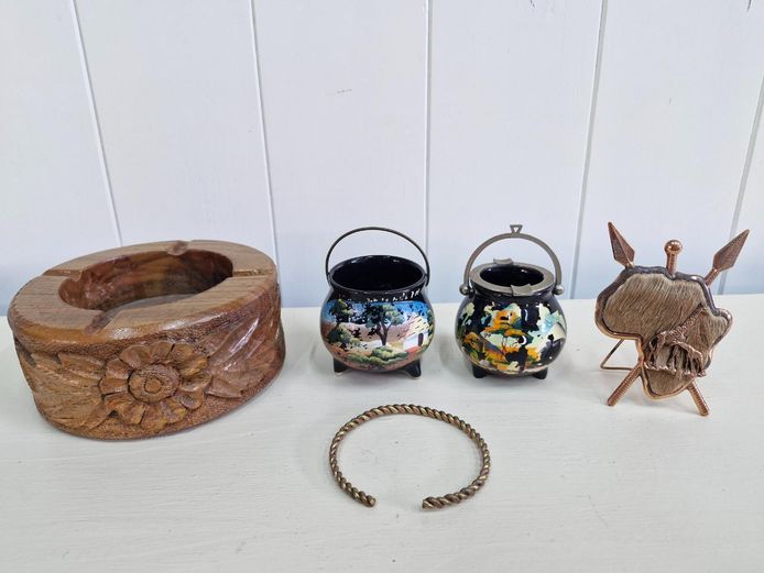 African Tobaccoriana & Curio Lot - Potjie Pots, Wood Ashtray, Copper Shield