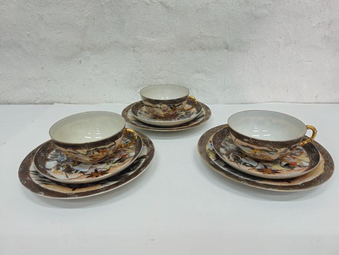 Set of 3 Japanese Dai Nippon Hand-Painted Samurai Porcelain Tea Trios