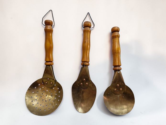 Vintage Brass & Turned Wood Kitchen Tool Set - Trio