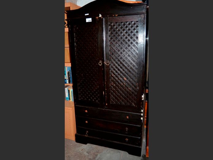 BLACK PAINTED 3-DRAWER, 2-DOOR LATTICE FRONT TV CABINET, 92 x 57 x 186cm [3 Handles & some TLC needed]