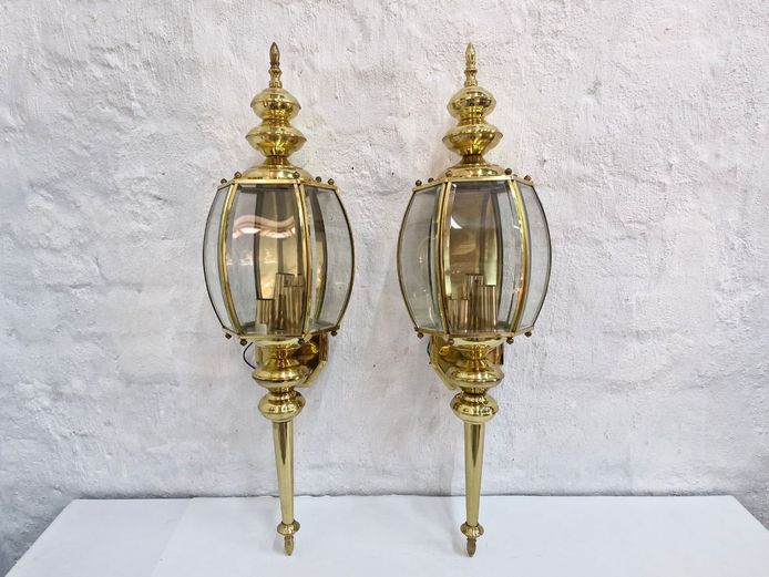 Pair of Vintage Polished Brass and Beveled Glass Coach-Style Wall Sconces