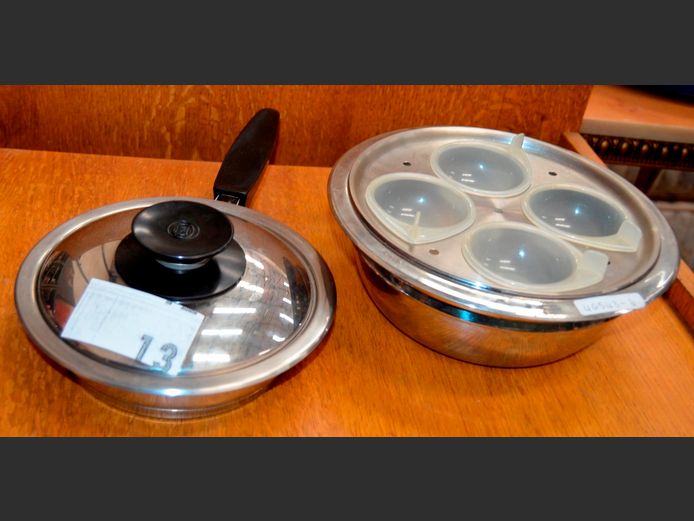 AMC SAUCEPAN WITH LID, 19cm Diameter, & AN AMC EGG POACHING PAN [No lid], 23cm Diameter