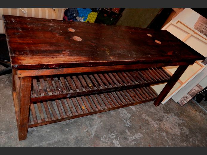 PINE STAINED WORK TABLE WITH BOTTOM SHELVES, 180 x 60 x 83cm