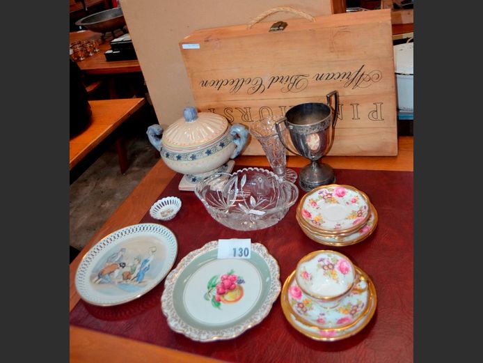 FOLEY CUPS & SAUCERS, DECORATIVE WALL PLATES, CUT GLASS BOWL, PINEHURST AFRICAN BIRD COLLECTION WOODEN WINE BOX, etc 5,7]