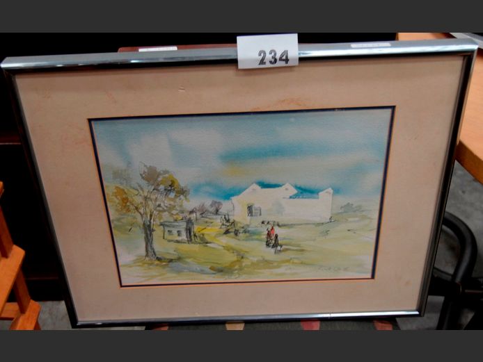 ALUMINIUM FRAMED WATERCOLOUR "FARM COTTAGES" SIGNED SONNETT OLLS 1987, 37 x 27cm