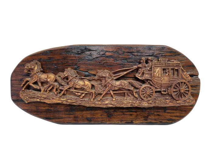 Vintage Western Stagecoach High-Relief Plaque on Rustic Wood Plinth