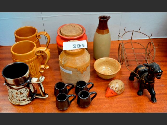 POTTERY JARS WITH LIDS, BEER MUGS, etc