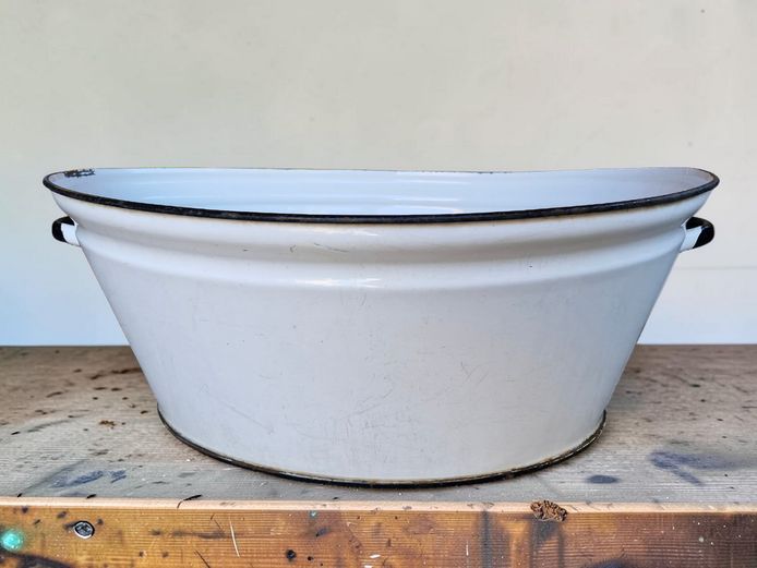 Vintage White Enamel Wash Tub / Utility Basin with Black Trim Handles