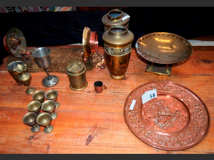 BRASS VASES, COPPER PLATE, ORNAMENTS, etc
