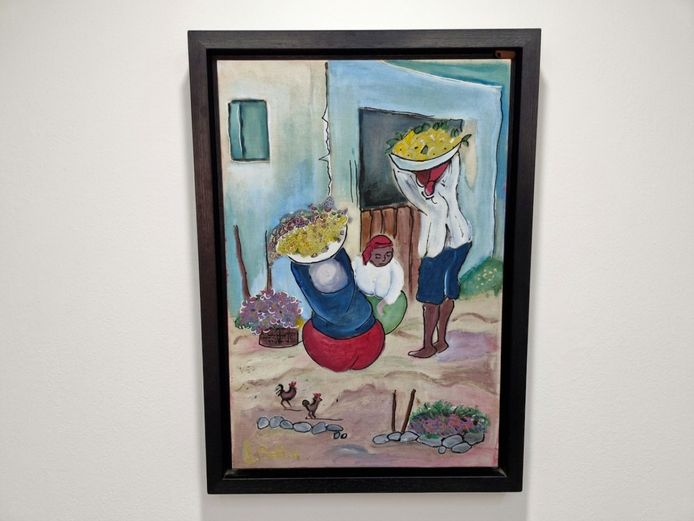 South African Township Scene with Figures and Poultry, Signed L. Botha