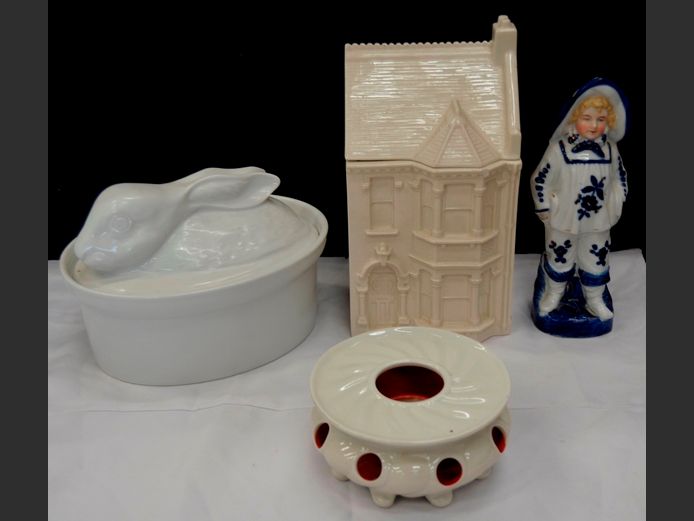 COTTAGE SHAPED LIDDED JAR, FRENCH WHITE PORCELAIN TUREEN WITH LID, etc