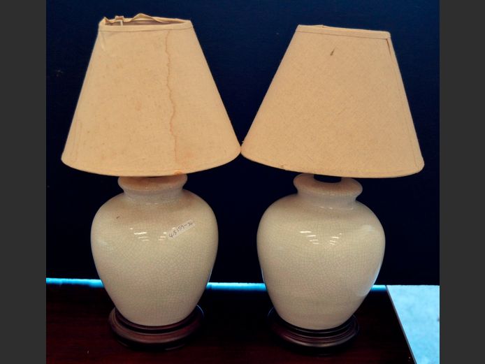 PAIR WHITE CERAMIC LAMPS WITH SHADES, 45cm High [Shades need replacing]