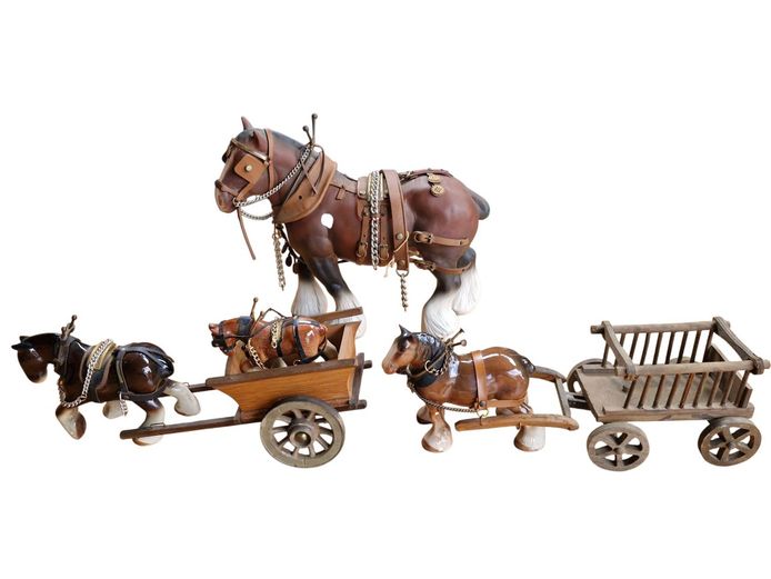 Vintage Ceramic Shire Horses & Wooden Carts