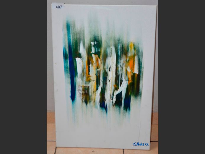 UNFRAMED ABSTRACT OIL ON CANVAS BY T. V NIEKERK, 91 x 61cm