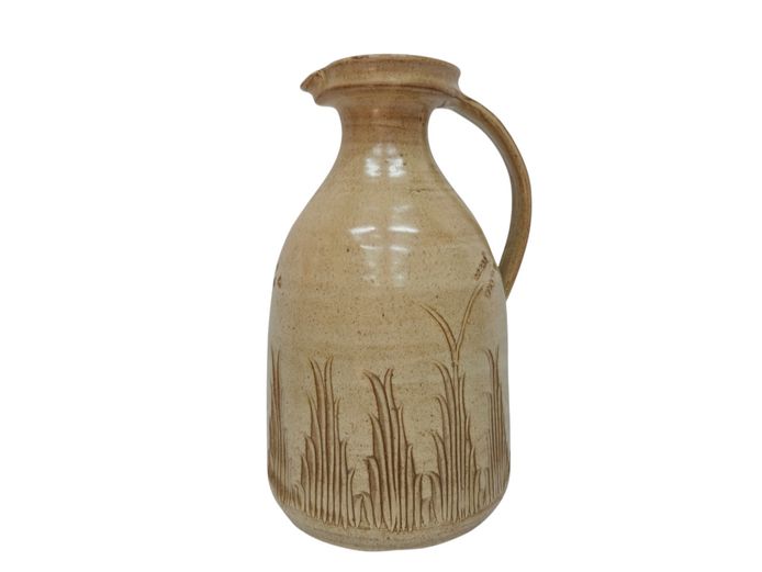 Studio Art Pottery Stoneware Pitcher with Sgraffito Reed Motif