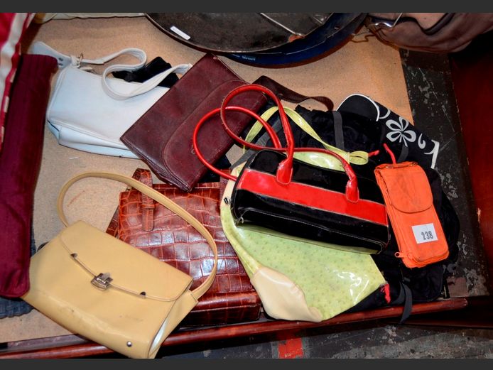 ASSORTED HANDBAGS, CLUTCH BAGS, etc [Peeling & need a clean] [Excl. bin]
