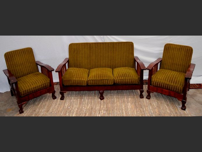IMBUIA BALL & CLAW 3-PIECE, 5-SEATER LOUNGE SUITE WITH OLIVE GREEN CUSHIONS
