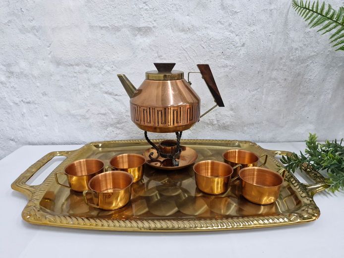Mid-Century Copper Tea Set with Greek Key Design and Brass Tone Tray