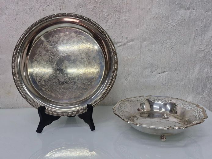 2pc Silver Plate Set: Engraved Serving Tray & Pierced Bonbon Dish