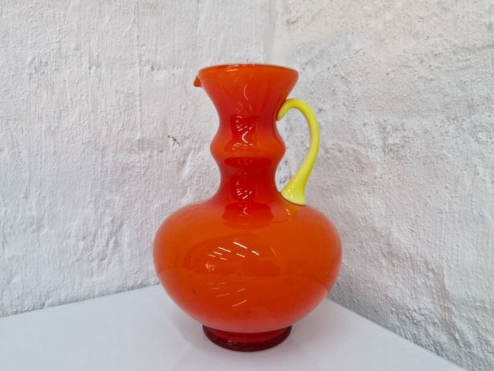 Vibrant Retro Mid-Century Modern Orange Cased Art Glass Pitcher