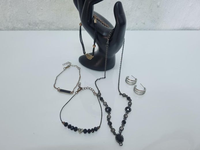 Assorted Costume Jewelry: Bracelet, Hoop Earrings, & Necklace