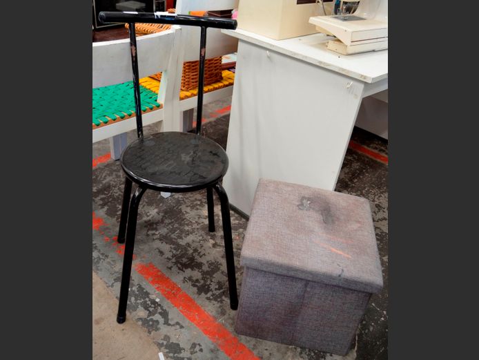 BLACK METAL CHAIR & A STORAGE OTTOMAN