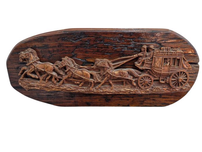 Vintage Horse-Drawn Stagecoach Relief Wall Plaque Carved Wood