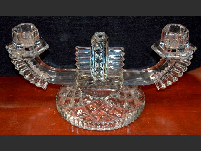 CUT GLASS 2-ARM CANDELABRA, 27 x 13 x 13cm