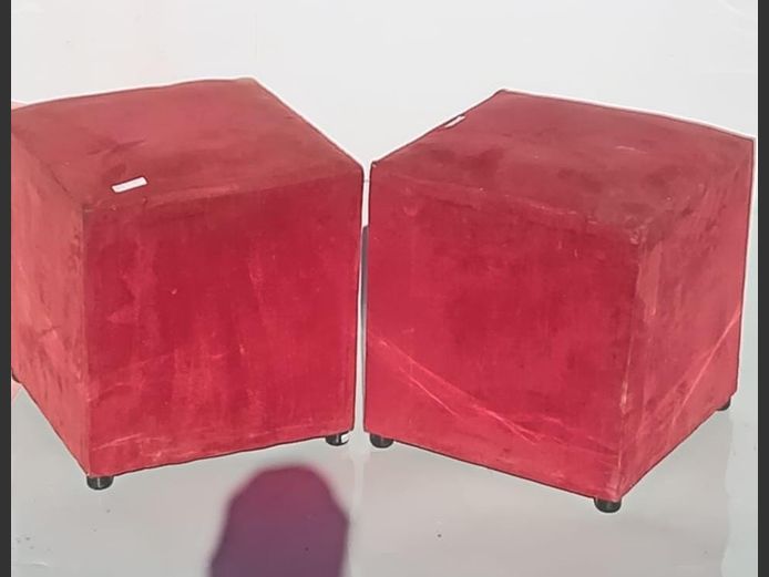 PAIR RED UPHOLTERED OTTOMANS, 40 x 40 x 44cm [Need a clean]