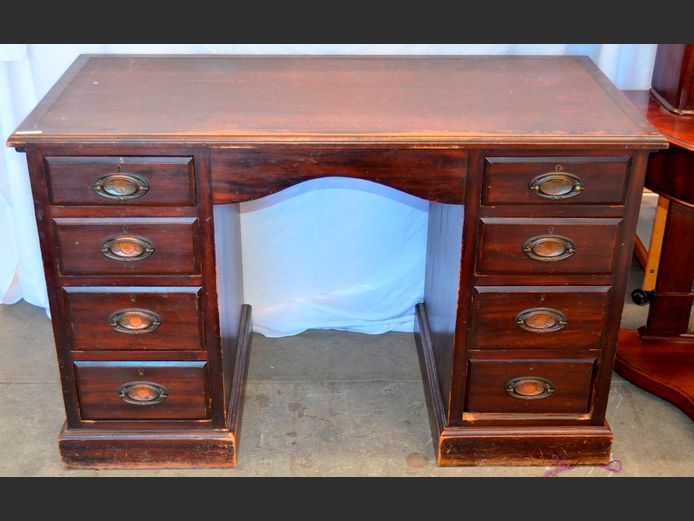 STAINED SATINWOOD 8-DRAWER LEATHER INLAID DESK, 122 x 60 x 76cm