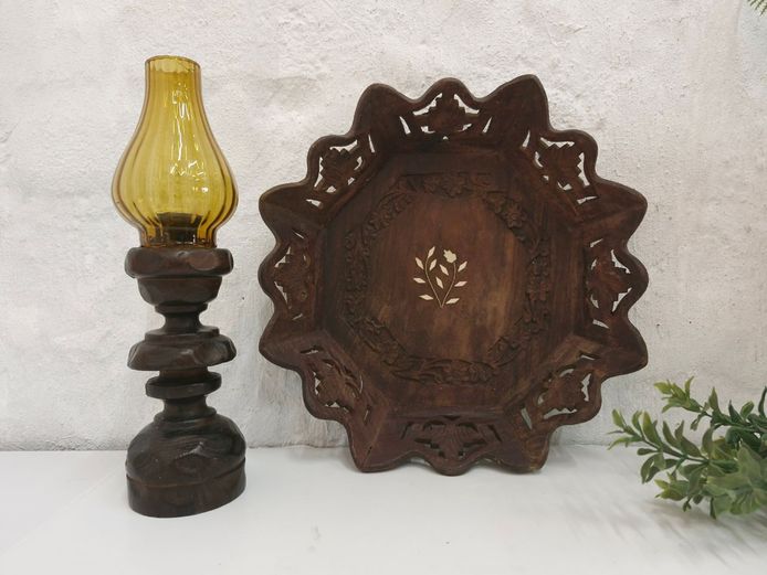 Vintage Carved Wood Decorative Tray and Amber Glass Candlestick Set