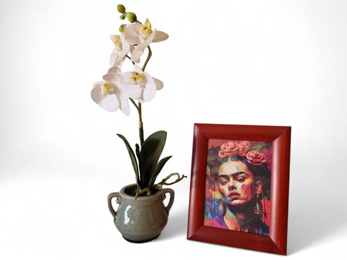 Artificial Orchid in Grey Pot & Frida Kahlo Floral Print – Decorative Set