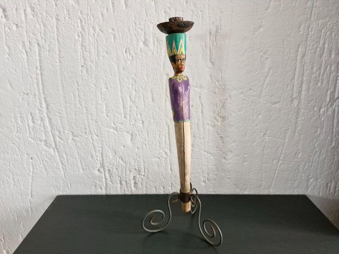 Hand-Painted African Figural Wooden Candlestick on Scroll Wire Stand