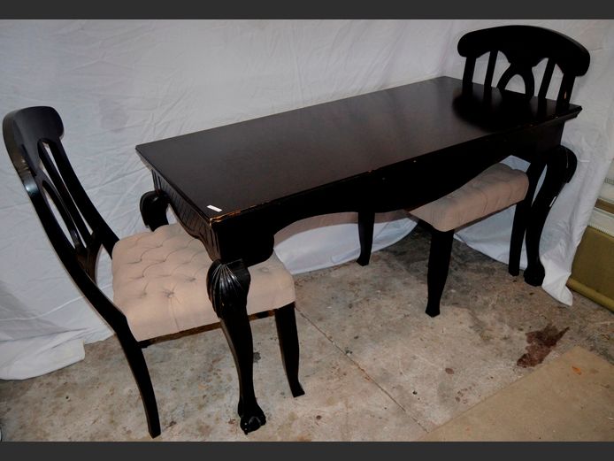 BLACK PAINTED HALL TABLE, 146 x 72 x 76cm, WITH PAIR MATCHING CHAIRS [1 leg to table in need of repairs]