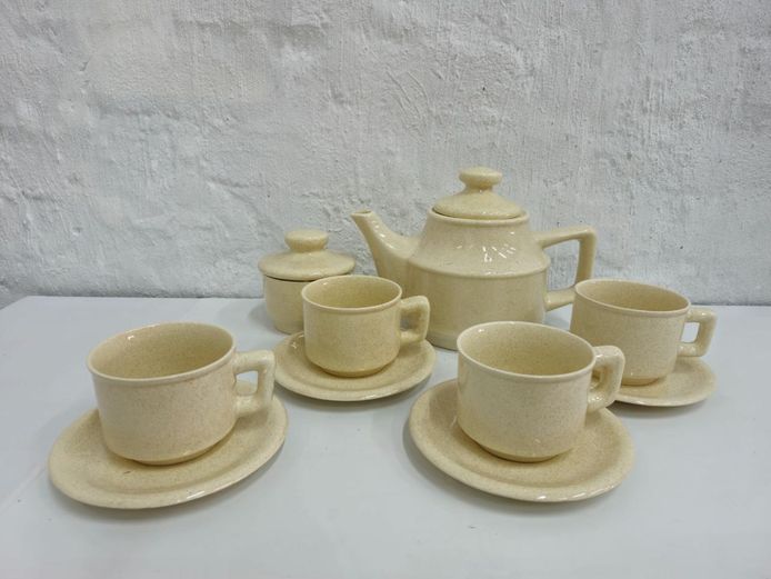Vintage Speckled Cream Ceramic Tea Set with Teapot and Cups