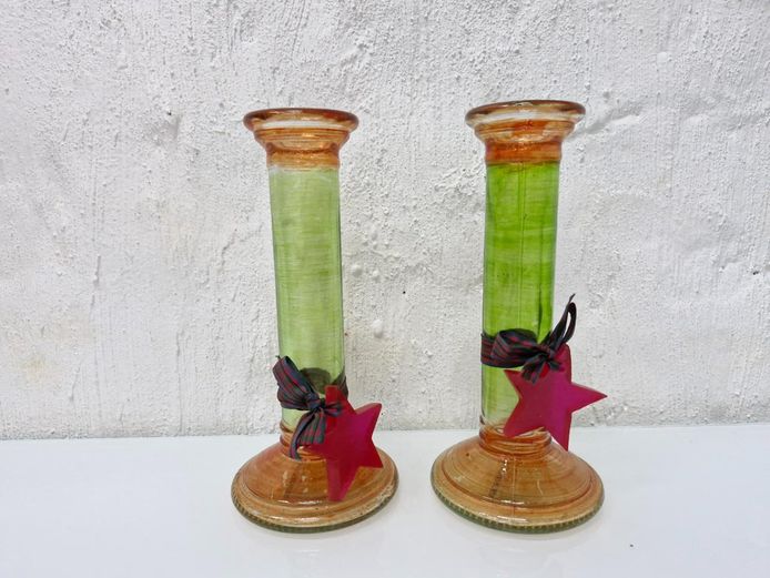 Pair of Artistic Green & Amber Glass Candlesticks