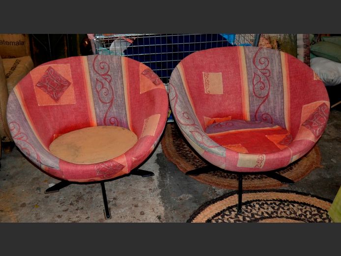 PAIR MID-CENTURY POD CHAIRS [Needs re-covering]